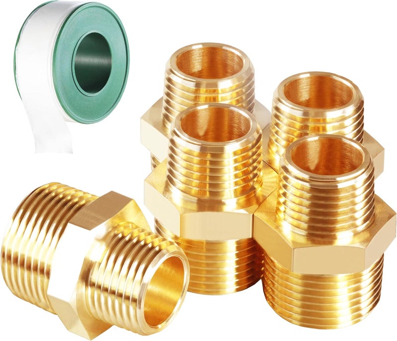 MSAEIQUN 5PCS 1/2 Inch Male Pipe x 3/8 Inch Male Pipe Solid Brass Threaded Straight Pipe Reducing Hex Nipple Fittings Extension Connector Adapter Coupling for Pipe Line/Oil/Gas - Image 1